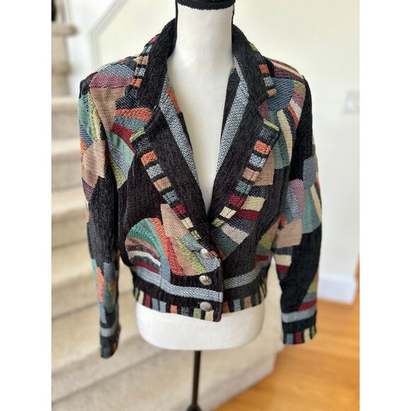 Vintage 80s Silverado Southwest Black Multicolor Tapestry Chenille Velvet Jacket - Picture 1 of 6